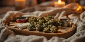 cannabis buds on tray with candlelight in cozy bedroom