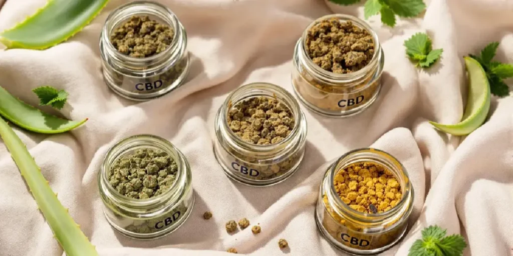 CBD jars with cannabis buds and aloe leaves