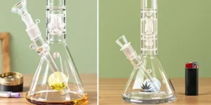 Difference between a bong and a bubbler showing water filtration with glass bong and small handheld bubbler.