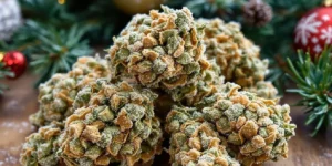 Cannabis buds decorated with festive Christmas elements like cookies and candy canes.