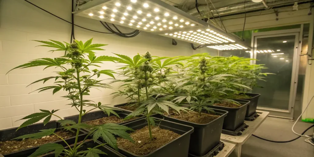 Mimosa EVO cannabis plants growing indoors under LED lights during flowering