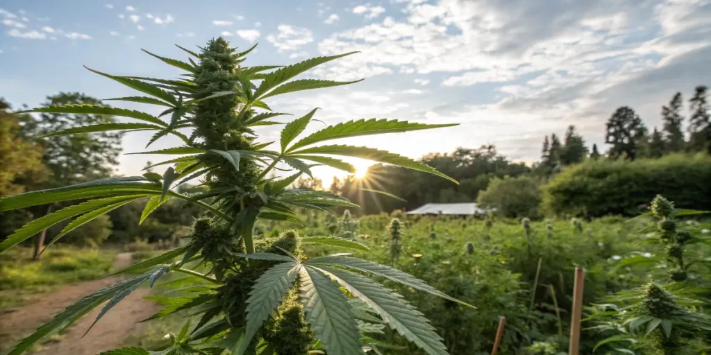 Mimosa EVO cannabis plant growing outdoors in full sun during flowering