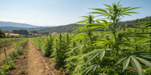 outdoor cannabis field with tall plants growing in rows under sunlight