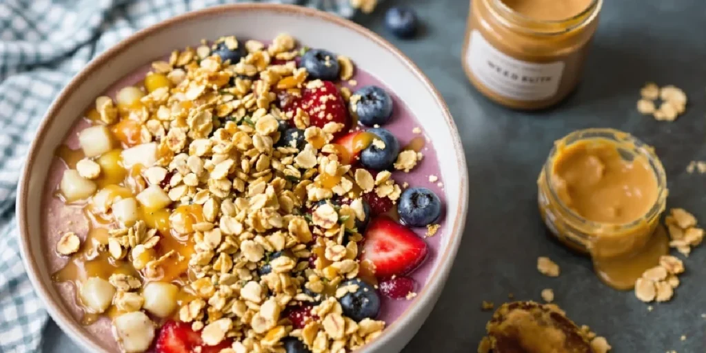 Smoothie bowl topped with granola, fruits, and weed butter drizzle