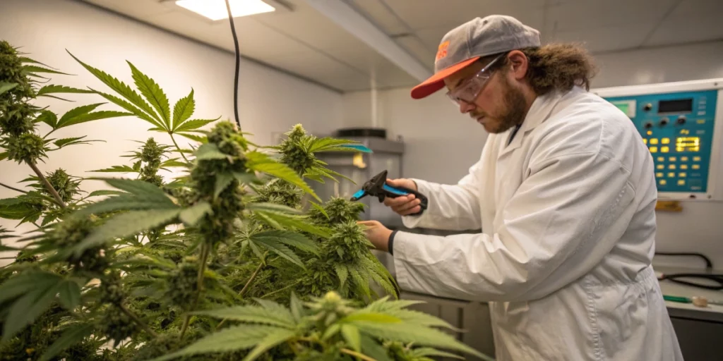Grower trimming apple strudel auto strain plant in a high-tech indoor setup with digital sensors in view.