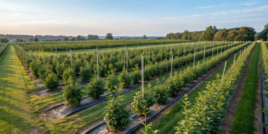 Overhead view of apple strudel auto strain plants in a well-organized outdoor garden with lush green foliage.
