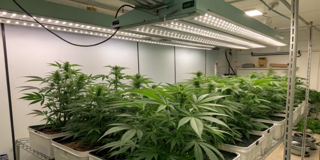 Indoor cultivation scene of australian bastard cannabis under LED lighting in a controlled setup.
