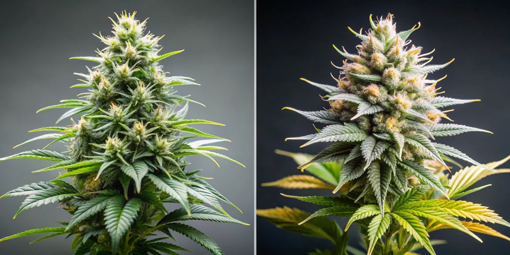 High-yield feminized cannabis buds alongside a smaller autoflower plant.