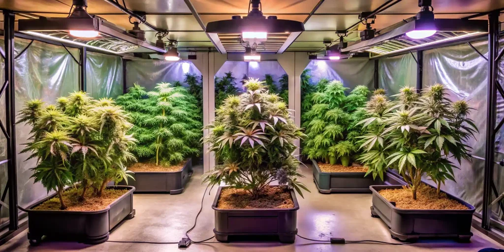 Cannabis grow tent featuring both autoflower and feminized plants under controlled lighting.