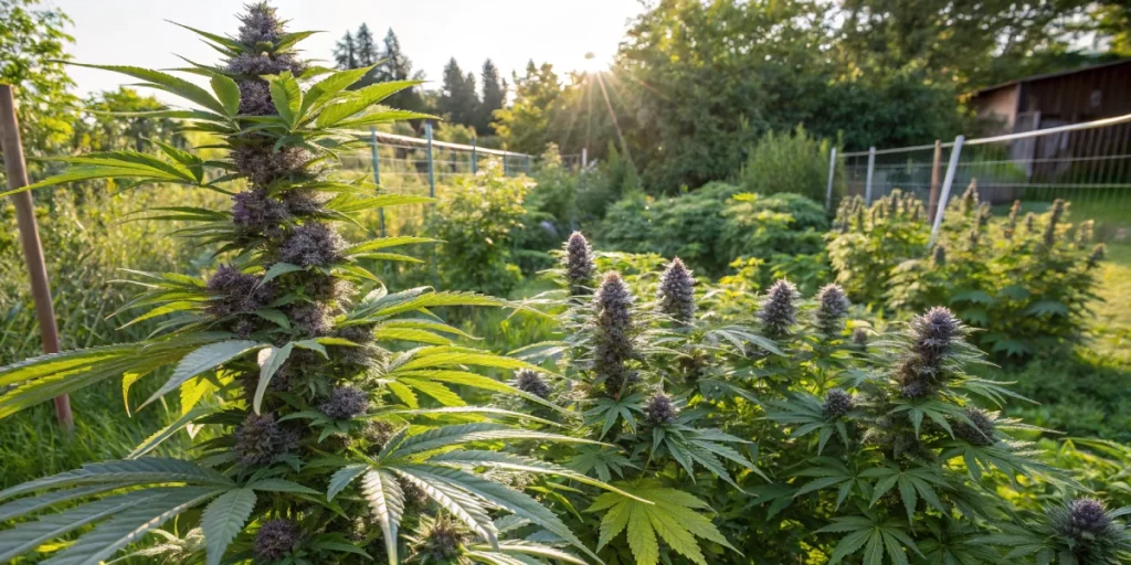 Outdoor garden showcasing Banana Purple Punch Auto strain plants in natural sunlight, displaying vigorous growth and vibrant buds.