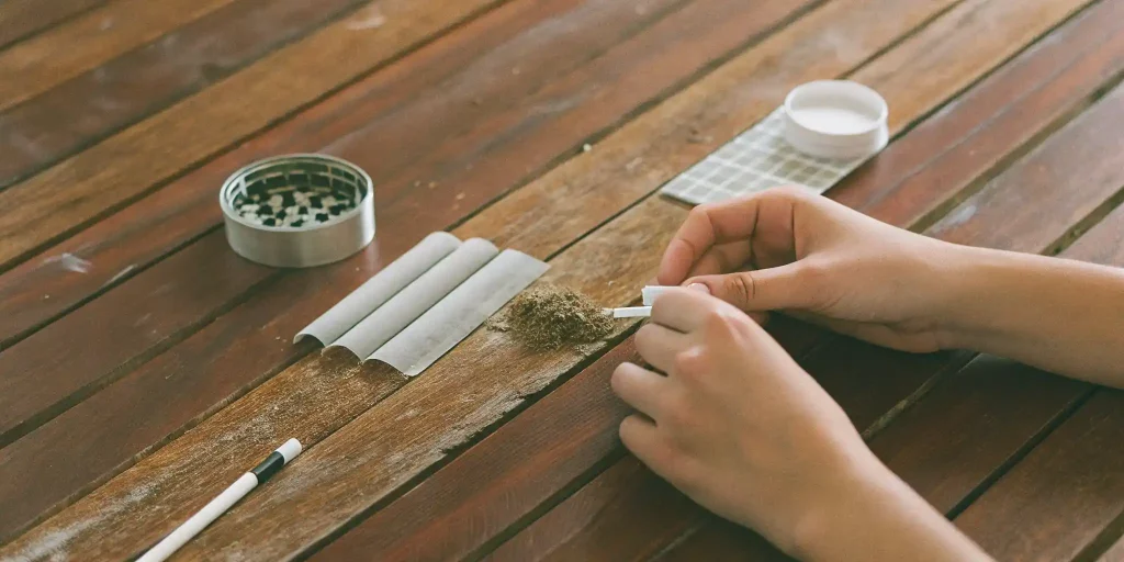 Hand rolling a cannabis joint with ground flower and accessories.