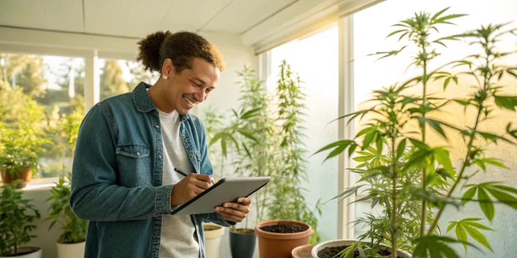 Person browsing the Best Cannabis Seeds Online on a tablet in a bright room.