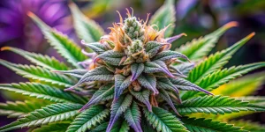Close-up view of a mature cannabis bud from the best hybrid Strains, showcasing detailed trichomes and vibrant colors.