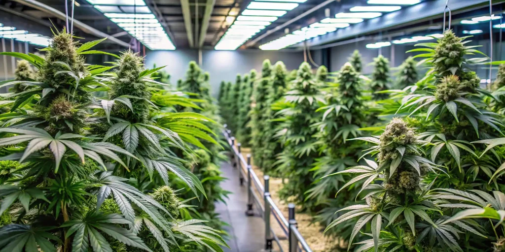 Side-view of a hydroponic garden displaying lush, green cannabis plants of the best hybrid Strains with dense foliage.