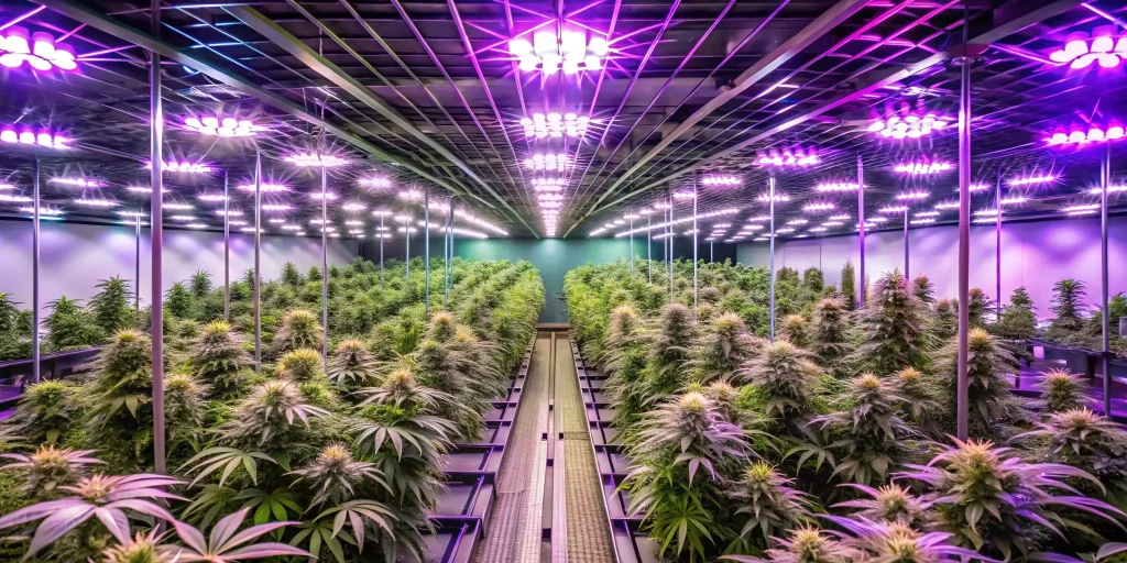 Indoor cultivation setup featuring robust plants representing the best hybrid Strains under efficient LED lighting.