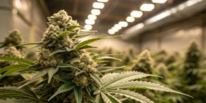 Close-up of Big Bang strain buds showcasing dense resin and vibrant colors.