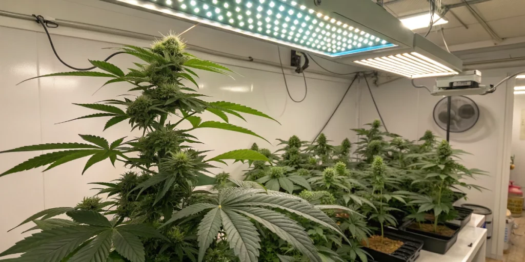 Indoor grow setup with Big Bang strain plants under full-spectrum LED lights.