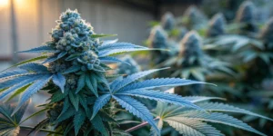 Close-up of Blue Dream Auto strain buds showing dense resin and vivid colors.