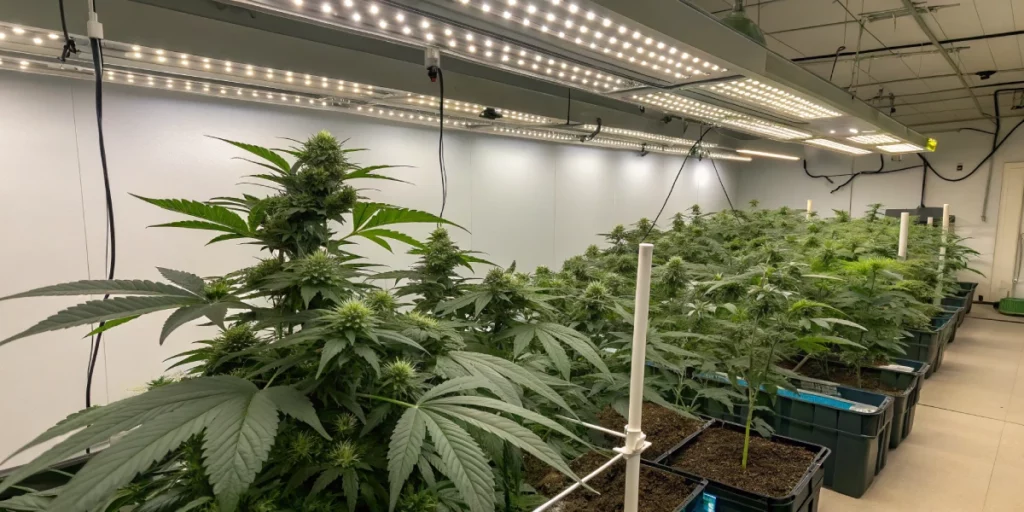 Indoor cultivation setup with Blue Dream Auto strain plants under LED lights.