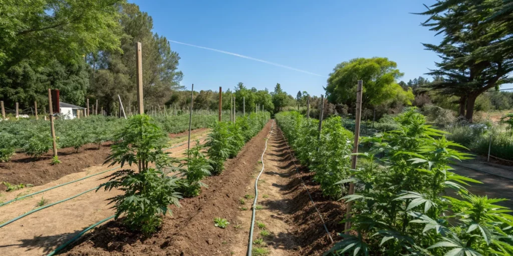 Outdoor garden with Bruce Banner Auto strain plants thriving in sunny conditions, surrounded by lush greenery and healthy soil.