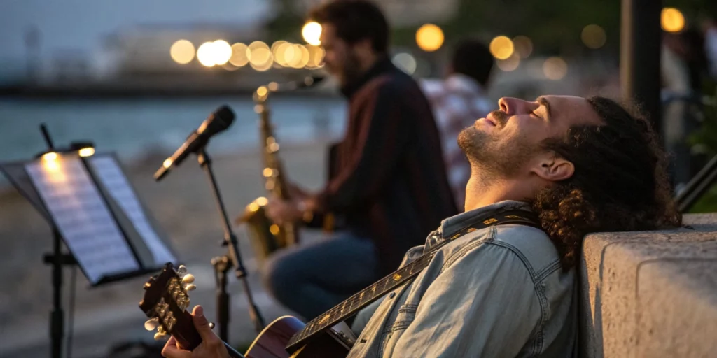 Musician channeling cannabis creativity during an expressive live performance.