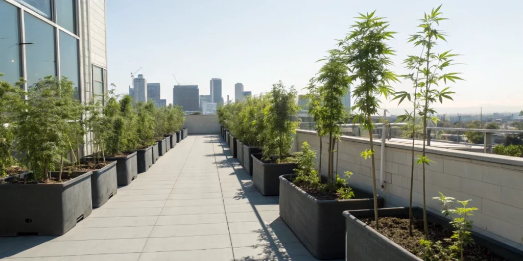 Rooftop garden displaying cannabis seeds los angeles in an urban oasis.