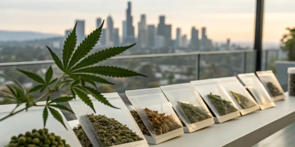 Detailed view of cannabis seeds los angeles with diverse strain labels.