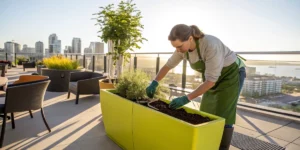 Gardener planting Cannabis Seeds in San Diego in a modern urban planter.
