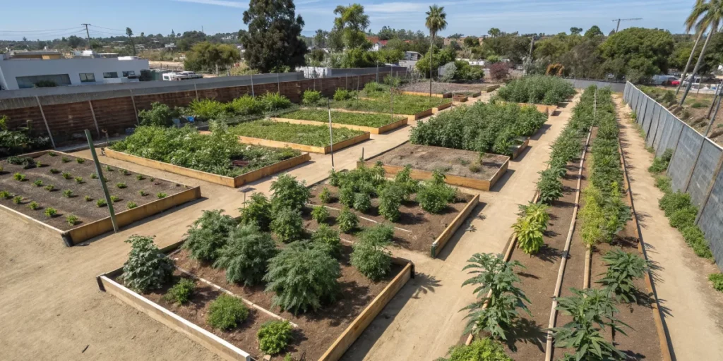 Overhead view of a community garden featuring thriving Cannabis Seeds in San Diego in raised beds.