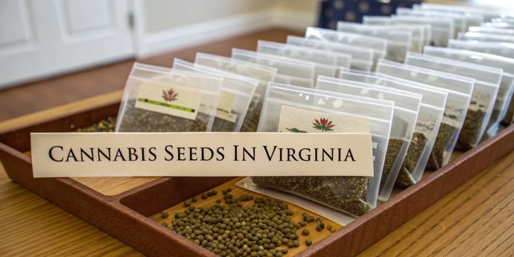 Detailed view of Cannabis Seeds in Virginia seed packets on display.