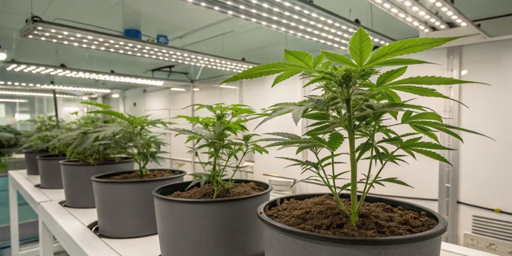 Indoor grow setup with healthy Cream Cookies Auto strain plants under modern LED lights and organized equipment.