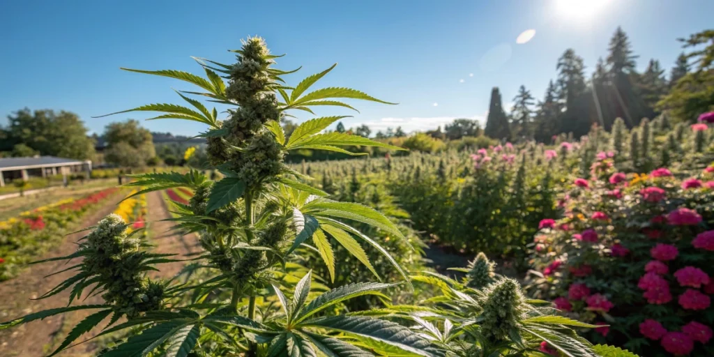 Outdoor cultivation of Cream Cookies Auto strain plants with lush, resinous buds thriving in natural sunlight.
