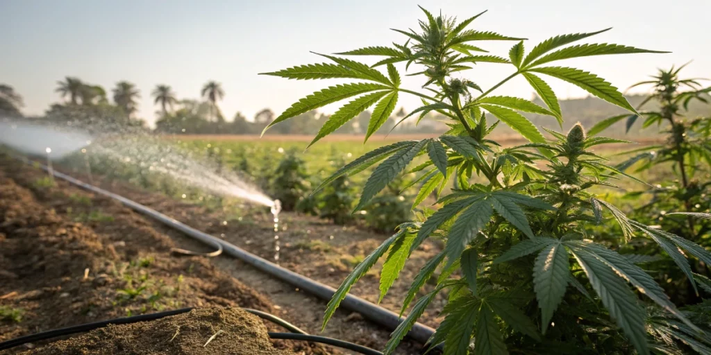 Drip irrigation setup on healthy cannabis plants for Easy Summer Weed Growing in a dedicated cannabis garden.