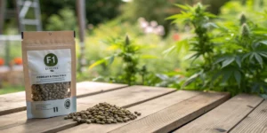 Close-up view of F1 Hybrid Cannabis Seeds packet on a rustic table.