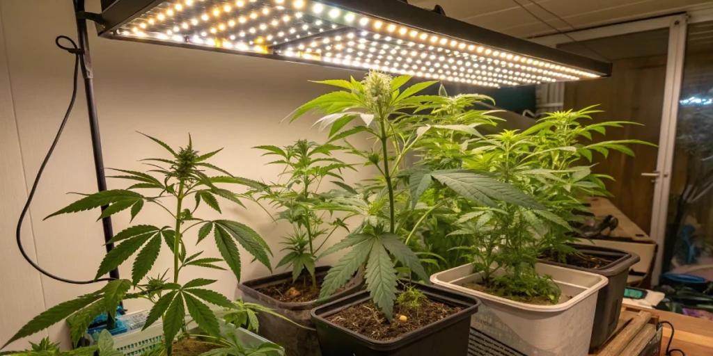 Indoor garden displaying robust F1 Hybrid Cannabis Seeds growth under bright lights.