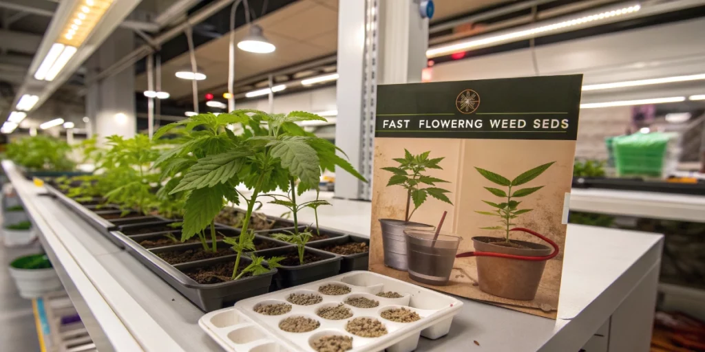 Seed packet and thriving plants representing fast flowering weed seeds.