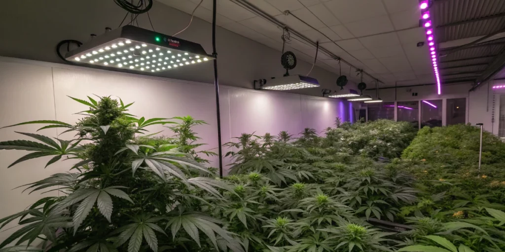 Indoor grow room at night featuring green crack punch strain plants illuminated by LED lights and digital monitors.