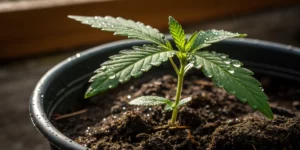 Green crack punch strain seedling emerging from soil with dew in soft morning light.