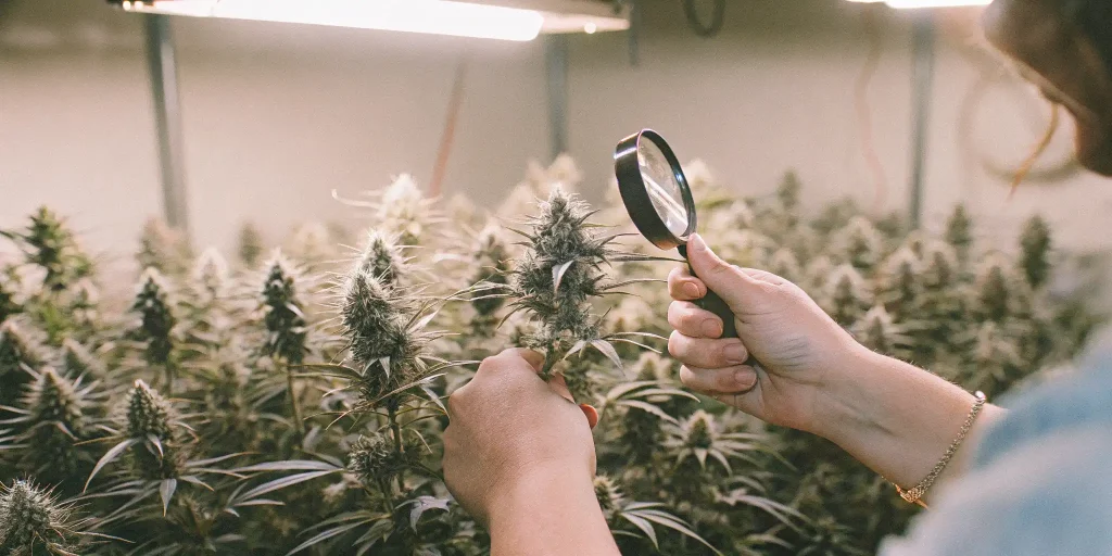 Grower examining cannabis trichomes with a jeweler’s loupe to determine ripeness.