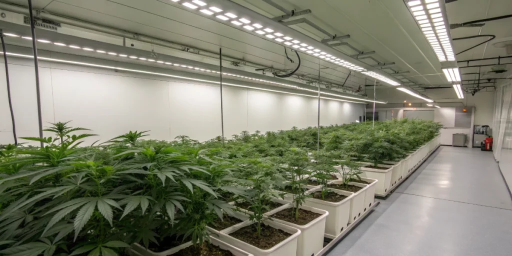 Indoor grow room with Super Bud strain plants illuminated by full-spectrum LED lights.