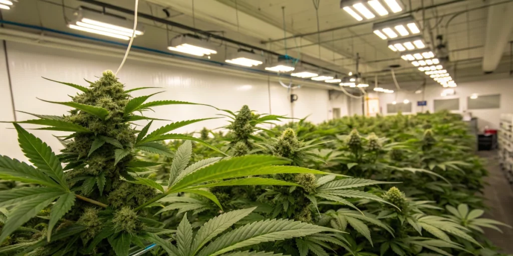 Indoor grow room featuring high THC cannabis seeds with vibrant, fast-flowering plants.