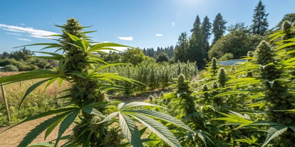Outdoor garden featuring high THC cannabis seeds with top strains in full bloom.