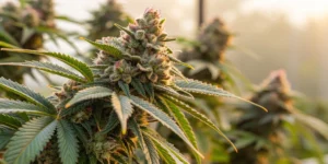 Close-up of Amnesia strain buds with abundant trichomes and vibrant colors.