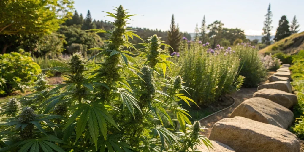 Outdoor cultivation of Amnesia strain plants in a sunny, lush garden setting.