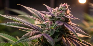 Indoor grow room featuring healthy White Widow Auto plants under bright LED lights, displaying dense resinous buds and vibrant green leaves.