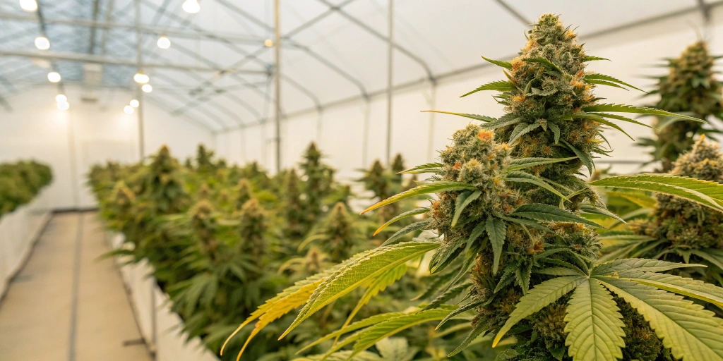 Detailed close-up of Girl Scout Cookies Auto strain, showing thick, resin-coated buds and rich green foliage inside a well-organized grow tent.