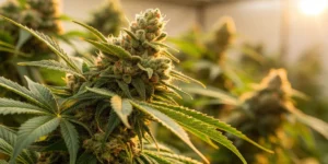Close-up view of Arjans Ultra Haze 2 strain buds, highlighting dense resin and sparkling trichomes.