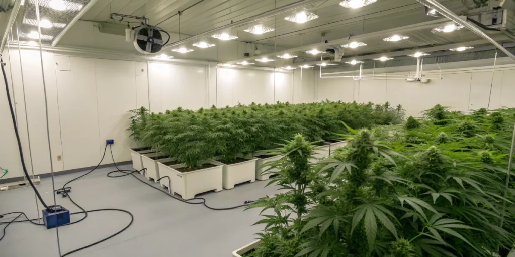 Indoor grow room with Arjans Ultra Haze 2 strain plants under full-spectrum LED lighting and organized hydroponic setup.