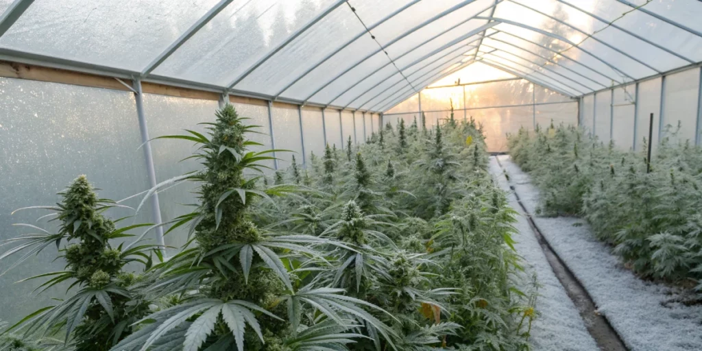 Outdoor Auto Seed Winter garden with auto seed plants sheltered by windbreaks and insulation, thriving in a snowy, cold environment.