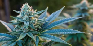 lose-up view of Blue Haze x Gelato 41 auto strain buds with dense trichomes, showing a blend of blue and creamy gelato colors.